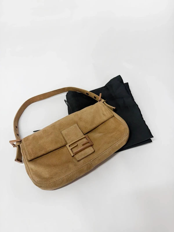 Fendi Baguette Bag Beige Suede with Cream Enamel & Rose Gold Hardware