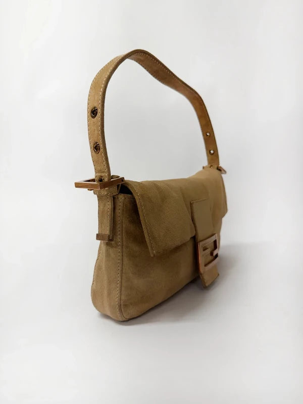 Fendi Baguette Bag Beige Suede with Cream Enamel & Rose Gold Hardware