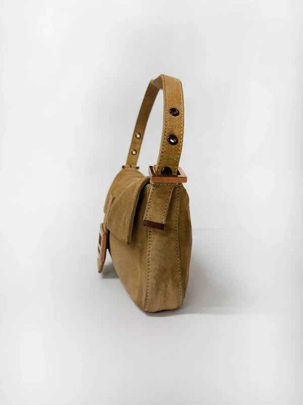Fendi Baguette Bag Beige Suede with Cream Enamel & Rose Gold Hardware