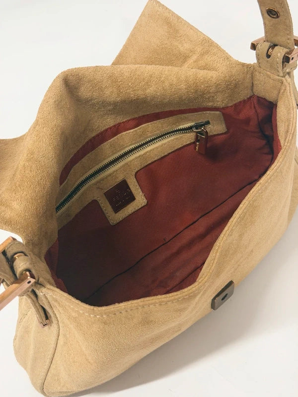 Fendi Baguette Bag Beige Suede with Cream Enamel & Rose Gold Hardware